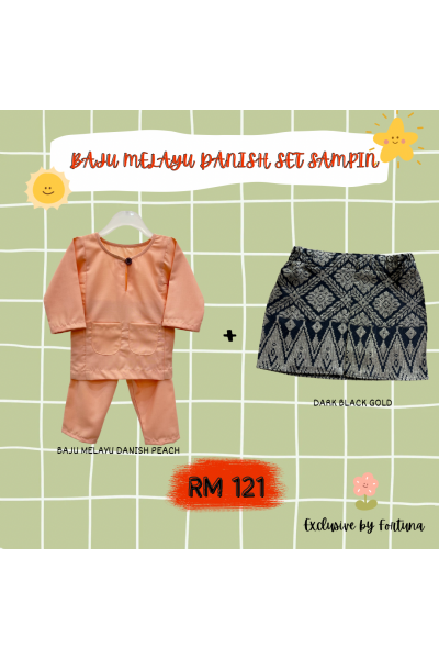 Baju Melayu Danish Peach + Sampin DARK Black Gold Baju Melayu Danish Peach + Sampin DARK Black Gold