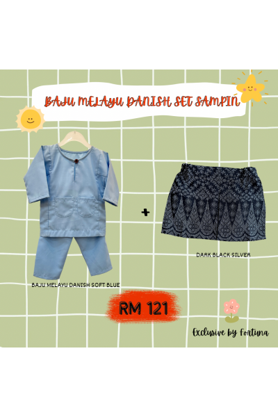 Baju Melayu Danish Soft Blue + Sampin DARK Black Silver Baju Melayu Danish Soft Blue + Sampin DARK Black Silver