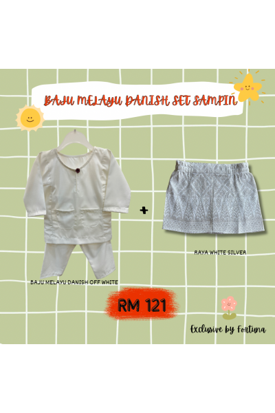 Baju Melayu Danish Off White + Sampin RAYA White Silver Baju Melayu Danish Off White + Sampin RAYA White Silver