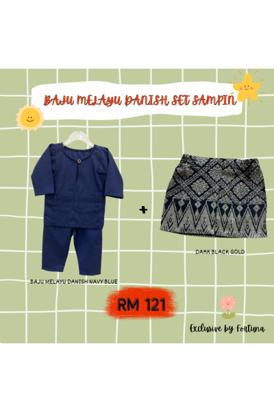 Baju Melayu Danish Navy Blue + Sampin DARK Black Gold Baju Melayu Danish Navy Blue + Sampin DARK Black Gold
