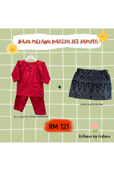Baju Melayu Danish Maroon + Sampin DARK Black Silver Baju Melayu Danish Maroon + Sampin DARK Black Silver