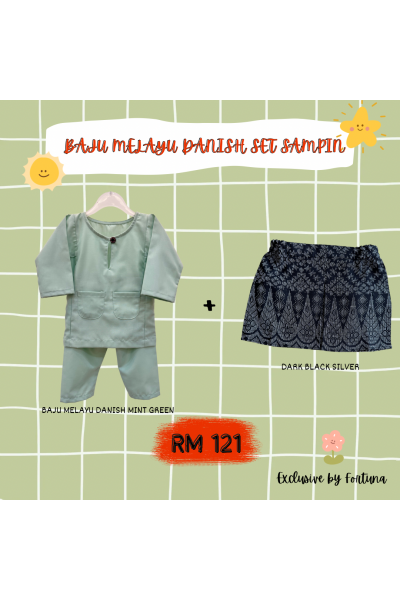 Baju Melayu Danish Mint Green + Sampin DARK Black Silver Baju Melayu Danish Mint Green + Sampin DARK Black Silver