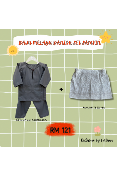 Baju Melayu Danish Grey + Sampin RAYA White Silver Baju Melayu Danish Grey + Sampin RAYA White Silver