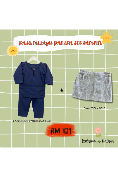 Baju Melayu Danish Navy Blue + Sampin RAYA Cream Gold Baju Melayu Danish Navy Blue + Sampin RAYA Cream Gold
